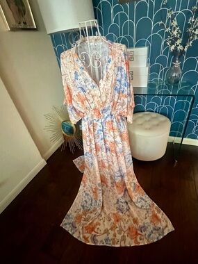 Floral Smocked Waist Maxi Dress in Peach and Blue by Love Kayla